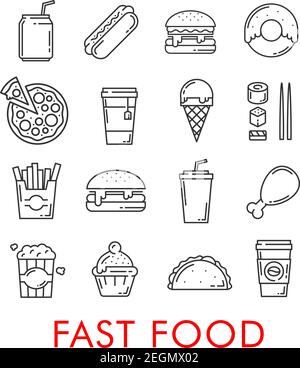 Fast Food dünne Linie Symbole von Burgern, Sandwiches oder Pizza und Eis. Vector isolierte mexikanische Tacos oder Burrito, Schokolade Donut oder Soda und Huhn Stock Vektor