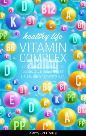 Vitamine und Multivitamine für ein gesundes Leben oder Nahrungsergänzungsmittel komplex Werbeplakat. Vektor-Paket-Design für Apotheke Mineralien und Vitami Stock Vektor