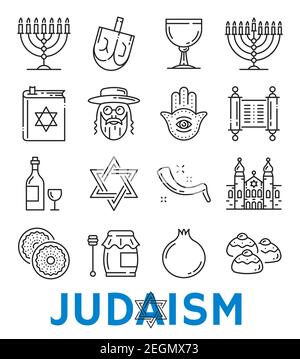 Judentum Symbole der jüdischen religiösen dünne Linie Kunst Ikonen. Vector isolierte Satz von David-Stern und Torah Judentum Buch, Religion Essen und Trinken, Synagoge Stock Vektor
