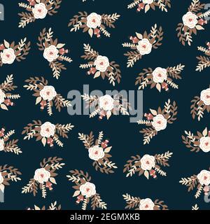 Weiße Vintage Blumen Brautrosen auf schwarz nahtlose Vektor-Muster. Wiederholen romantische Retro Blume Hintergrund dunkel. Blümchenmuster Stock Vektor