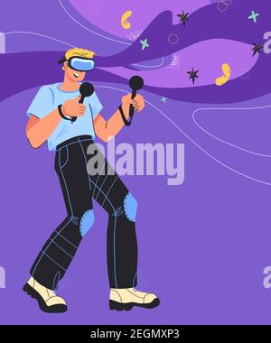 Banner Hintergrund für Computerspiele und virtuelle Realität mit Cartoon-Charakter, Vektor-Illustration. Unterhaltung mit der Verwendung der Technologie der Augmented Stock Vektor