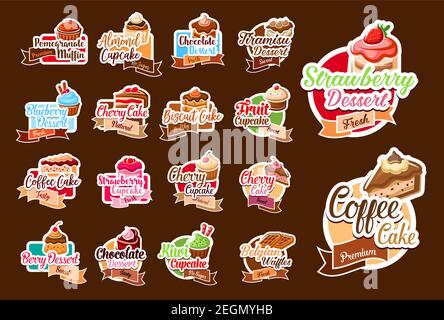Desserts und Gebäck Süßigkeiten Aufkleber für Patisserie oder Cafeteria Menü Design. Vector isolierte Set von Schokolade Muffin, Erdbeerkuchen und Donut oder tir Stock Vektor