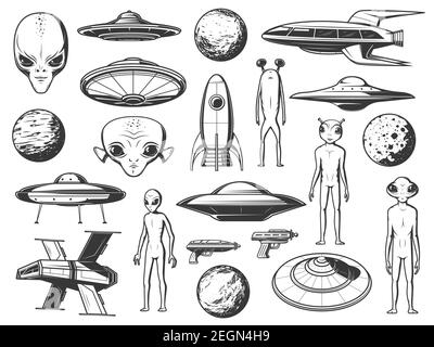 Aliens, außerirdische Raumschiffe und Planeten gravierte Symbole gesetzt. Alien Lebensformen, humanoide Kreaturen mit großem Kopf und Augen, fantastische Raumschiffe, Stock Vektor