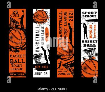 Basketball Sport Liga Vektor Flyer, Einladung auf Turnier vintage Grunge Karten mit Sportler Spieler springen werfen Ball im Reifen auf Arena. Neu Stock Vektor
