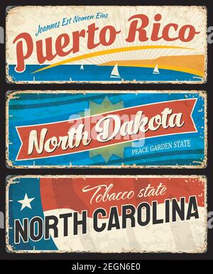 Puerto Rico, North Dakota und North Carolina Staaten Metallplatten. Vereinigte Staaten von Amerika Region Shabby Retro Zeichen, alte Schilder mit Inschrift V Stock Vektor