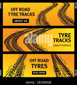 Offroad-Reifenspuren, schwarze Autoreifen-Drucke, Grunge-Vektor-Off-Road-Marken. Bike-Rennen, Fahrzeug, Transport schmutzige Räder Spur. Reifendruck, Stock Vektor