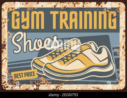 Turnhalle Trainingsschuhe rostigen Metallplatte, Vektor vintage Rost Zinn Schild mit Sport Sneakers. Retro Poster mit Leder Sportswear Sportschuhen, Sportmodell fo Stock Vektor