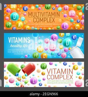 Vitamine und Multivitamine komplexe Banner für die Gesundheitsversorgung Nahrungsergänzungsmittel. Vitamin C, B oder E und D Pillen und 3D Kapseln für eine gesunde Ernährung und Stock Vektor