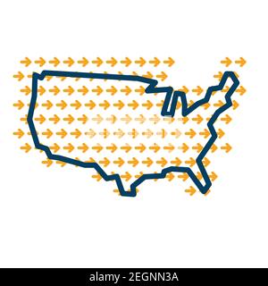 USA Einfache Übersichtskarte mit gelben Richtungspfeilen. Stock Vektor
