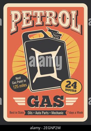 Tankstelle Retro Poster von Gas Kanister oder Benzin Kanister. Vector Vintage-Design für Auto-Service, Kfz-Shop oder Mechaniker Reparatur und Öl Stock Vektor
