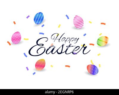 Frohe Ostern. Ostereier und Konfetti auf weißem Hintergrund. Festlicher Hintergrund für Banner und Grußkarten. Vektorgrafik Stock Vektor