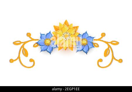 Papier geschnitten Design mit Blume Zusammensetzung. Schöner Hintergrund mit Papierblumen und Blättern in gelb und blau. Rahmenelement für Fantasie Stock Vektor