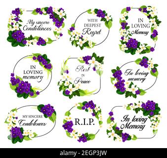 Bestattungsvektorrahmen mit trauernden weißen und violetten Blumen, aufrichtige Kondolenz, Ruhe in Frieden, tiefste Bedauern Typografie. Nachruf trauernde Beerdigung Stock Vektor