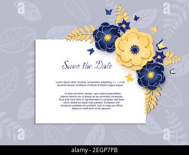 Papier geschnitten Design mit Blume Zusammensetzung auf Blatt. Schöner Hintergrund mit Papier Fantasie floralen Dekorationen in blau und Gold Farbe. Vorlage Stock Vektor