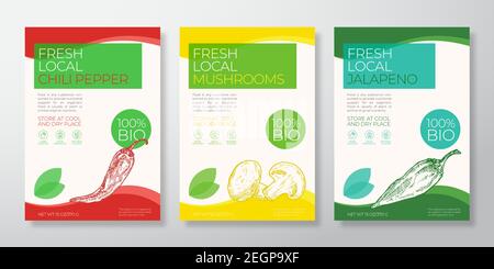 Frische Lokale Gemüse Label Vorlagen Set. Vector Packaging Design Layouts Sammlung. Typografie Banner mit handgezeichneten Champignons, Chili und Stock Vektor