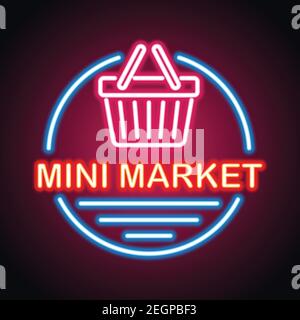 Mini super Markt Neon-Zeichen für super Markt Plank hinzufügen. vektor-Illustration Stock Vektor