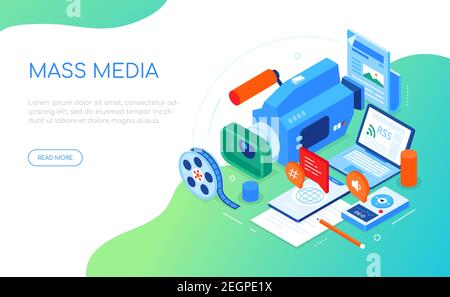 Massenmedien - modernes buntes isometrisches Webbanner mit Platz für Text. Nachrichten, Journalismus und Kommunikation Idee. Notizen, Videokamera, Laptop, voic Stock Vektor