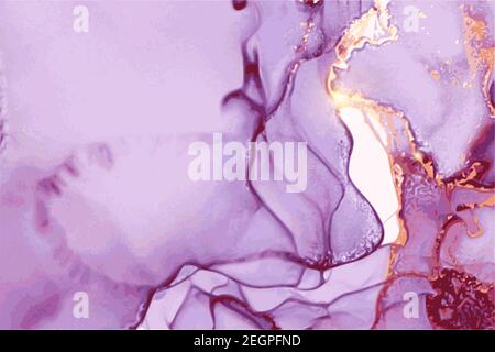 Hintergrund aus violettem, violettem und goldenem Stein mit Marmorstruktur. Alkohol Tinte orientalische Technik. Abstrakte Vektorgrafik. Moderne Flussfarbe mit Glitzer. Stock Vektor