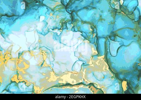 Marmor blau, grün und Gold Stein Textur. Alkohol Tinte Technik abstrakter Vektor Hintergrund. Moderne Luxusfarbe in natürlichen Farben mit Glitzer. Temp Stock Vektor