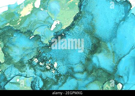 Hintergrund aus blauem, grünem und goldenem Stein mit Marmorstruktur. Alkohol Tinte orientalische Technik. Abstrakte Vektorgrafik. Moderne Flussfarbe in natürlicher Farbe Stock Vektor