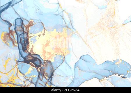 Luxuriöse blaue, graue, goldfarbene Marmorstruktur. Alkohol Tinte Technik abstrakter Vektor Hintergrund. Moderne Farbe in natürlichen Farben mit Glitzer. Vorlage Stock Vektor