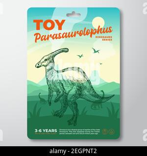 Spielzeug Dinosaurier Label Vorlage. Abstraktes Vektor-Verpackungsdesign-Layout. Moderne Typografie mit prähistorischer Vulkanlandschaft und handgezeichnet Stock Vektor