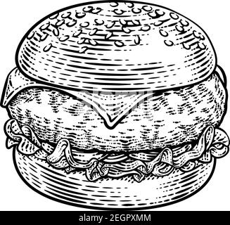 Burger Hamburger Vintage Holzschnitt Illustration Stock Vektor