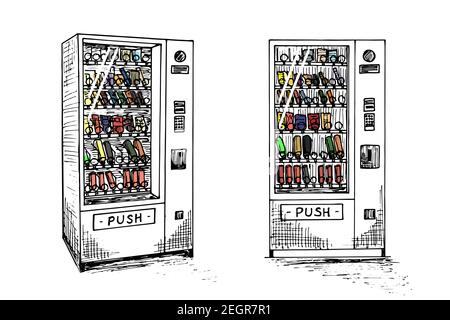 Selbstbedienungsautomat mit handgezeichneter Skizze. Automatische Snack Verkauf Maschinen isometrisch und vorne. Schwarz-Weiß-Vektor isolierte Illustration Stock Vektor