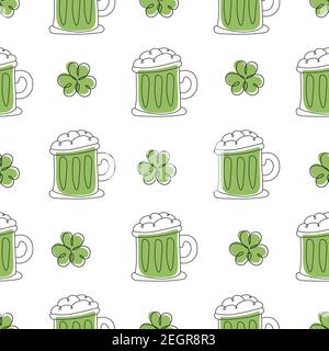 Happy Saint Patrick Day - Bierkrug nahtlose Muster. Weisse Hintergrundvektoren für Feiertage Stock Vektor