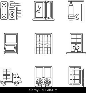 Fenster- und Türinstallationen lineare Symbole gesetzt Stock Vektor