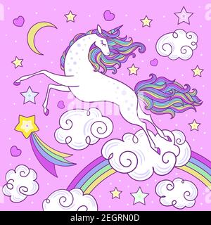 Ein Regenbogeneinhorn, das am Himmel fliegt. Illustration für Kinder. Vektor Stock Vektor
