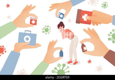 Frau krank und niesen, Hände halten Boxen und Flaschen mit Pillen Vektor flache Illustration. Medikamente, Antibiotika und Vitamintabletten. Medikamente zur Behandlung von Krankheiten, Schmerzen und Viren. Stock Vektor