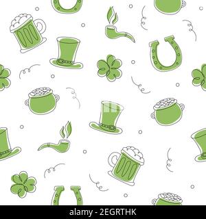 Nahtloses Muster mit handgezogenem Kobold-Hut, clower, Bierkrug, goldener Münztopf-Skizze-Set für St. Patrick Day auf Weiß Stock Vektor