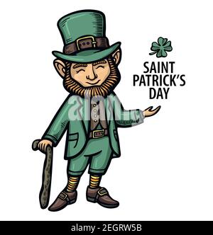 Handgezeichneter irischer Kobold mit grünem Hut, rotem Schnurrbart und Bart und Klee. Leprechaum. St. patrick. Vektor. Aufkleber. Logo, Emblem. Isoliert Stock Vektor