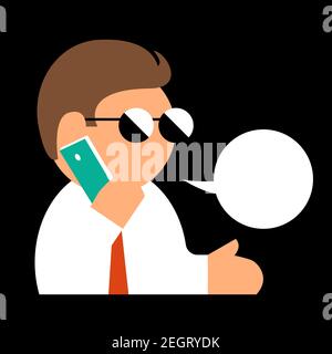 Zeichnung eines modernen business Mann in Sonnenbrille, Anzug und Krawatte. In den Händen eines Smartphones. Vektor isoliert Abbildung in Flacher Stil für Symbol oder s Stock Vektor