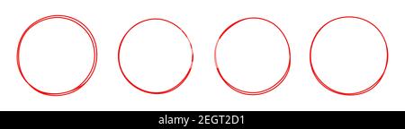 Satz von runden roten handgezeichneten Doodle Frames isoliert auf weißem Hintergrund. Stock Vektor