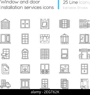 Fenster und Tür Installation Service lineare Symbole gesetzt Stock Vektor