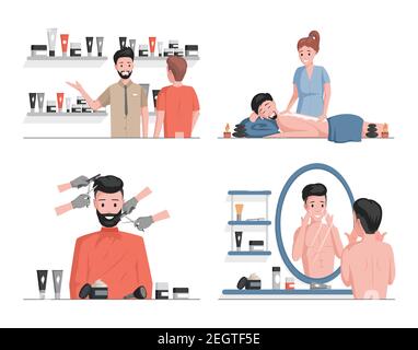 Männer Spa Vektor flache Illustrationen. Glücklich lächelnde männliche Charaktere Rasieren, Reinigung, oder feuchtigkeitsspendende Gesicht, genießen Körpermassage, Männer wählen Naturkosmetik, Schneiden von Haaren und Bart. Stock Vektor