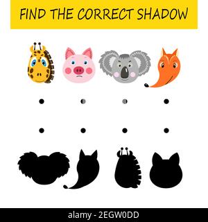 Suchen Sie den richtigen Schatten. Bildungskarte für Kinder. Niedliche Tiere. Logik-Spiel für Kinder. Ausbildung zu Hause. Bunte Cartoon Vektor Illustration Stock Vektor