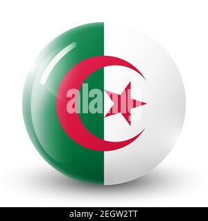 Glaskugel mit Flagge von Algerien. Runde Kugel, Vorlagensymbol. Algerisches nationales Symbol. Glänzende realistische Kugel, 3D abstrakte Vektorgrafik Stock Vektor