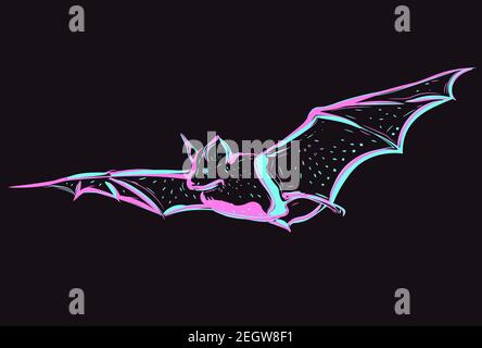 Lineare Neon-Kunst mit einem fliegenden Tier. Abstrakte lineare Zeichnung eines leuchtenden Nachtgeschöpfes. Rosa und blaue Fledermaus. Stock Vektor