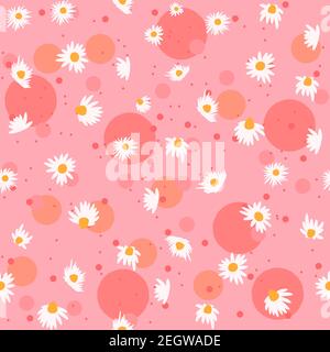 Nahtloses Frühlingsmuster mit Kamillenblüten und rosa Blasen. Repetitive feminine und florale Hintergrund mit weißen Blüten. Geschenkpapier mit Kräutern. Stock Vektor