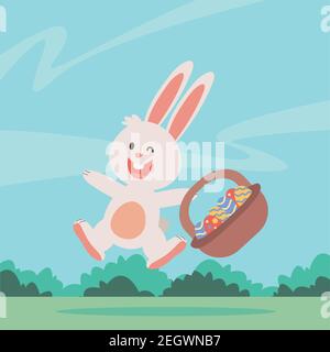 Niedliche kleine Hase ostern mit Eiern in Korb-Charakter gemalt vektorgrafik Design Stock Vektor