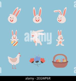 Bündel von osterkaninchen mit Huhn und Eier gemalten Vektor Illustrationsdesign Stock Vektor