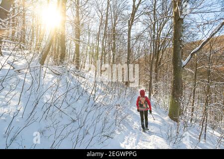 Mann in Outdoor-Ausrüstung mit Rucksack Wandern durch verschneiten Wald Im Winter Stockfoto