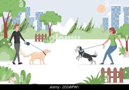 Menschen zu Fuß in Stadtpark mit Haustieren Vektor flache Illustration. Mann und Frau halten Haustier an der Leine. Hundebesitzer im Freien im Stadtpark. Haustierpflege, Outdoor-Aktivitäten, Haustiersitter-Konzept. Stock Vektor