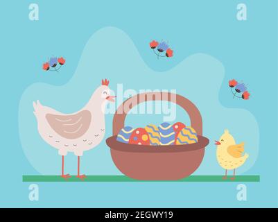 Niedliche Henne und Küken mit Eiern im Korb Vektor gemalt Illustrationsdesign Stock Vektor