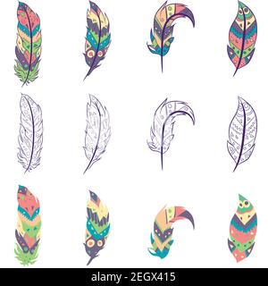 Element Pack mit isolierten bunten Federn und Skizzen. Sammlung von Hippie-Bohemien-Objekten mit aztekischen und orientalischen Motiven. Stock Vektor