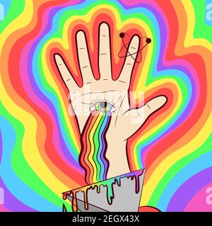 Vektor-Kunst einer Hand mit dem Auge Gottes und einem Regenbogen. Psychedelisch-okkulte Illustration über Spiritualität und Palmistik. Stock Vektor