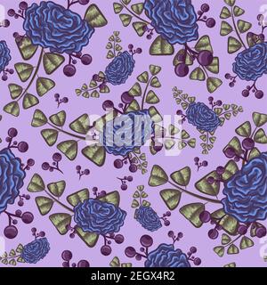 Retro Indigo Nahtloses Muster mit blauen Rosen und Blättern. Florale, sich wiederholende Hintergrund mit lila Sommerblumen in Blüte. Stock Vektor